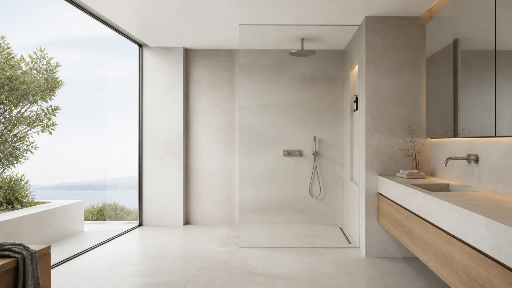 Bright premium private home bathroom with a walk-in shower and vanity